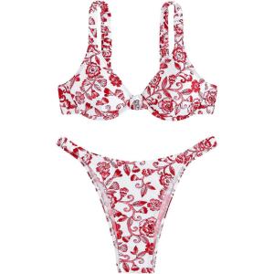 imageSHENHE Womens Underwire Bikini Sets 2 Piece Floral Push Up Bikini and High Cut Thong Cheeky Brazilian SwimsuitWhite and Red