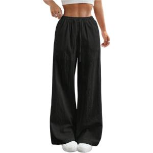 imageSHENHE Girls Linen Low Waisted Drawstring Button Front Loose Long Pants Casual Boho TrousersBlack
