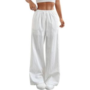 imageSHENHE Girls Linen Low Waisted Drawstring Button Front Loose Long Pants Casual Boho TrousersWhite