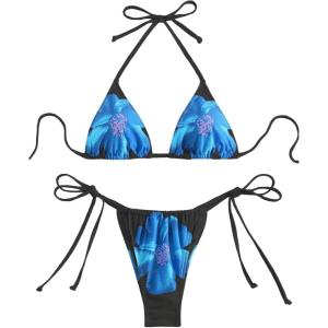 imageSHENHE Womens 2 Piece Floral Bikini Set Triangle Tie Side Halter Swimwear Bathing SuitBlue and Black