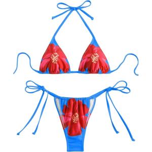 imageSHENHE Womens 2 Piece Floral Bikini Set Triangle Tie Side Halter Swimwear Bathing SuitMulticolor Blue