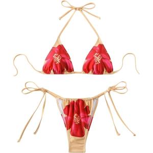 imageSHENHE Womens 2 Piece Floral Bikini Set Triangle Tie Side Halter Swimwear Bathing SuitMulticolorflower Print