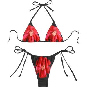 imageSHENHE Womens 2 Piece Floral Bikini Set Triangle Tie Side Halter Swimwear Bathing SuitRed and Black