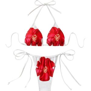 imageSHENHE Womens 2 Piece Floral Bikini Set Triangle Tie Side Halter Swimwear Bathing SuitRed and White
