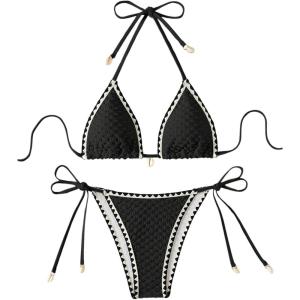 imageSHENHE Womens 2 Piece Triangle Beach Bikini Sets Color Block Halter Swimsuit Bathing SuitBlack