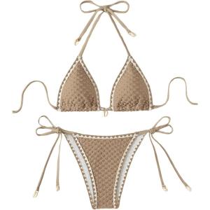 imageSHENHE Womens 2 Piece Triangle Beach Bikini Sets Color Block Halter Swimsuit Bathing SuitKhaki