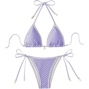imageSHENHE Womens 2 Piece Triangle Beach Bikini Sets Color Block Halter Swimsuit Bathing SuitMauve Purple
