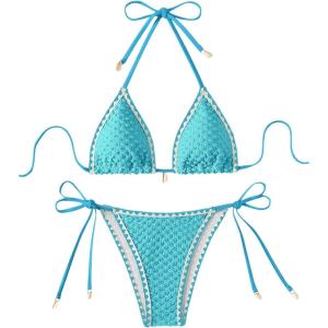imageSHENHE Womens 2 Piece Triangle Beach Bikini Sets Color Block Halter Swimsuit Bathing SuitMint Blue