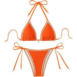 imageSHENHE Womens 2 Piece Triangle Beach Bikini Sets Color Block Halter Swimsuit Bathing SuitOrange