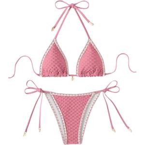 imageSHENHE Womens 2 Piece Triangle Beach Bikini Sets Color Block Halter Swimsuit Bathing SuitPink