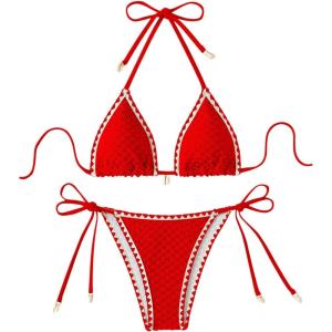 imageSHENHE Womens 2 Piece Triangle Beach Bikini Sets Color Block Halter Swimsuit Bathing SuitRed