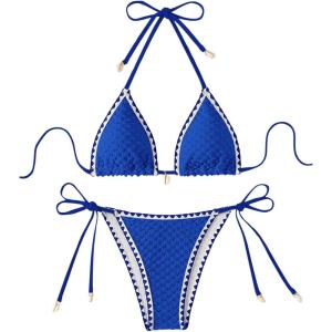 imageSHENHE Womens 2 Piece Triangle Beach Bikini Sets Color Block Halter Swimsuit Bathing SuitRoyal Blue