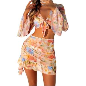 imageSHENHE Womens 4 Piece Halter Swimsuits with Cover Up Floral Triangle Cheeky Bikini SetMulticolor