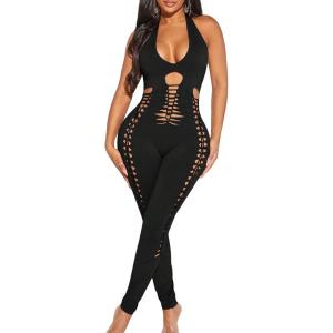 imageSHENHE Womens Cut Out Halter Neck Backless Sexy Sleeveless Unitard BodysuitBlack