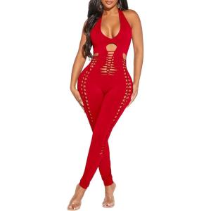 imageSHENHE Womens Cut Out Halter Neck Backless Sexy Sleeveless Unitard BodysuitRed