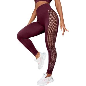 imageSHENHE Womens Fishnet Seamless High Waisted Tummy Control Workout Leggings PantsMaroon
