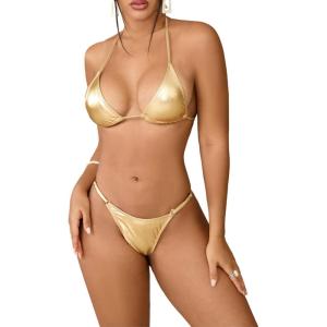 imageSHENHE Womens Swim Suits 2024 Metal Halter Neck Bow Tie String Thong Bikini SetsGold