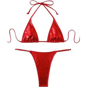 imageSHENHE Womens Swim Suits 2024 Metal Halter Neck Bow Tie String Thong Bikini SetsRed