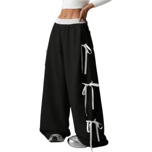 imageSHENHE Womens Wide Leg Baggy Sweatpants Elastic Waist Tie Bow Pants Loose Long PantsBlack and White