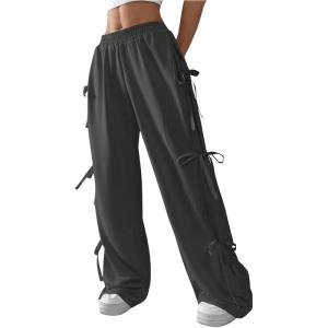 imageSHENHE Womens Wide Leg Baggy Sweatpants Elastic Waist Tie Bow Pants Loose Long PantsGrey