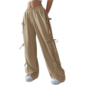imageSHENHE Womens Wide Leg Baggy Sweatpants Elastic Waist Tie Bow Pants Loose Long PantsKhaki
