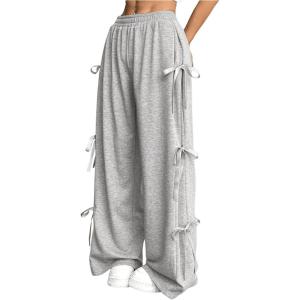 imageSHENHE Womens Wide Leg Baggy Sweatpants Elastic Waist Tie Bow Pants Loose Long PantsLight Grey