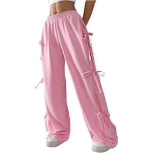 imageSHENHE Womens Wide Leg Baggy Sweatpants Elastic Waist Tie Bow Pants Loose Long PantsPink