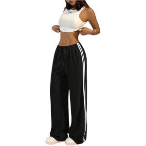 imageSHENHE Womens Wide Leg Loose Sweatpants Low Rise Y2k Drawstring Workout Sports PantsBlack