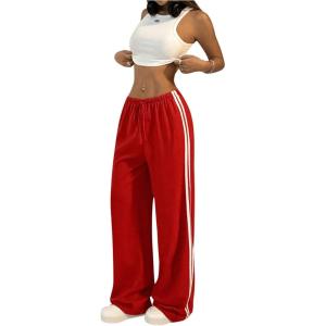 imageSHENHE Womens Wide Leg Loose Sweatpants Low Rise Y2k Drawstring Workout Sports PantsRed