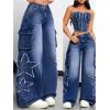imageSHENHE Womens Low Waisted Wide Leg Cargo Jeans Star Denim Pants Loose Y2k Baggy Jeans StreetwearDark Wash
