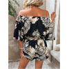 imageSHENHE Womens Off Shoulder Flutter Sleeve Boho Tropical Romper Short Jumpsuit PlaysuitBlack