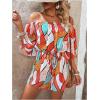 imageSHENHE Womens Off Shoulder Flutter Sleeve Boho Tropical Romper Short Jumpsuit PlaysuitOrange White Multi