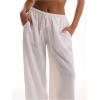 imageSHENHE Womens Wide Leg Drawstring Tie Waist Pants Flowy Loose Palazzo Boho Beach Pants White Medium