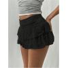 imageSHENHE Womens Y2k Lace Layered Mini Skirt Ruched A Line Cute Tiered Ruffle SkirtBlack