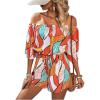 imageSHENHE Womens Off Shoulder Flutter Sleeve Boho Tropical Romper Short Jumpsuit PlaysuitOrange White Multi