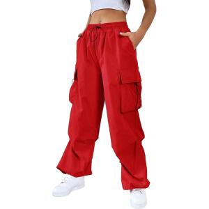 imageSHENHE Womens Baggy Loose Cargo Pants Drawstring Waist Joggers Long TrousersRed