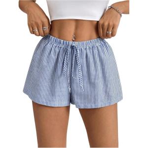 imageSHENHE Womens Drawstring Baggy Shorts Elastic Waist Wide Leg Summer Casual Shorts with PocketsStriped Blue White