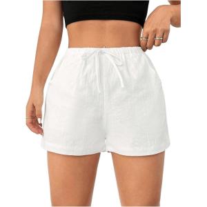 imageSHENHE Womens Drawstring Baggy Shorts Elastic Waist Wide Leg Summer Casual Shorts with PocketsWhite