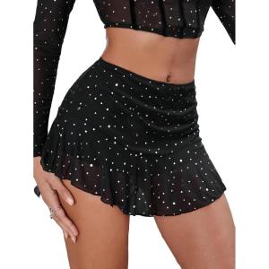imageSHENHE Womens Glitter Rhinestone Mesh Skirt Low Rise Party Club Sexy Ruffle Mini Skirt