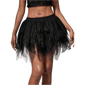 imageSHENHE Womens Layered Mesh Mini Tulle Skirt Y2k Low Rise Asymmetrical Party Tutu SkirtBlack