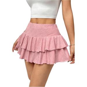imageSHENHE Womens Low Rise Eyelet Embroidery Layered Ruffle Mini Skirt Y2k Cute Tiered SkirtPink