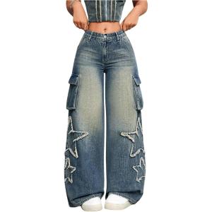 imageSHENHE Womens Low Waisted Wide Leg Cargo Jeans Star Denim Pants Loose Y2k Baggy Jeans StreetwearBlue