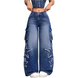imageSHENHE Womens Low Waisted Wide Leg Cargo Jeans Star Denim Pants Loose Y2k Baggy Jeans StreetwearDark Wash