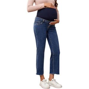 imageSHENHE Womens Maternity Jeans Over Belly High Waist Raw Hem Comfy Stretch Jean Denim PantsDark Wash