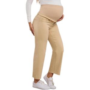 imageSHENHE Womens Maternity Jeans Over Belly High Waist Raw Hem Comfy Stretch Jean Denim PantsKhaki