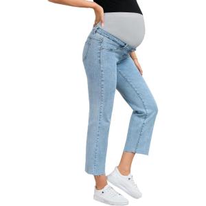 imageSHENHE Womens Maternity Jeans Over Belly High Waist Raw Hem Comfy Stretch Jean Denim PantsLight Wash