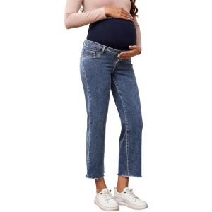 imageSHENHE Womens Maternity Jeans Over Belly High Waist Raw Hem Comfy Stretch Jean Denim PantsMedium Blue