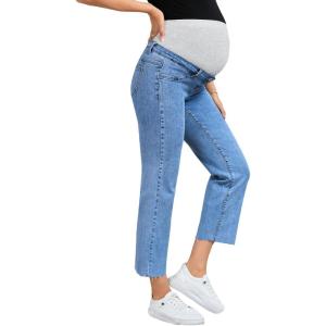 imageSHENHE Womens Maternity Jeans Over Belly High Waist Raw Hem Comfy Stretch Jean Denim PantsMedium Wash