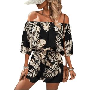 imageSHENHE Womens Off Shoulder Flutter Sleeve Boho Tropical Romper Short Jumpsuit PlaysuitBlack