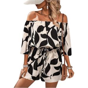 imageSHENHE Womens Off Shoulder Flutter Sleeve Boho Tropical Romper Short Jumpsuit PlaysuitBlack Multi